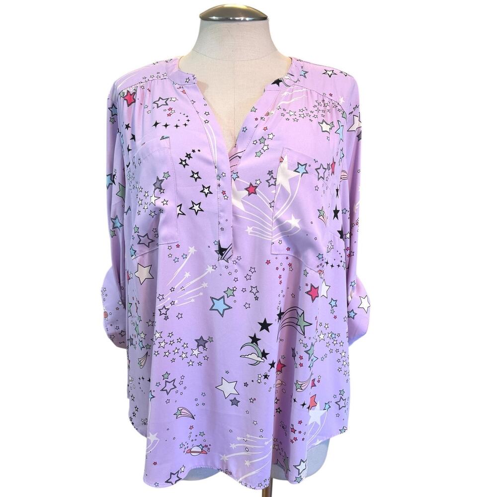 Torrid 4 (4X) Purple Shooting Stars Georgette Harper Blouse Shirt 3/4 Sleeve New